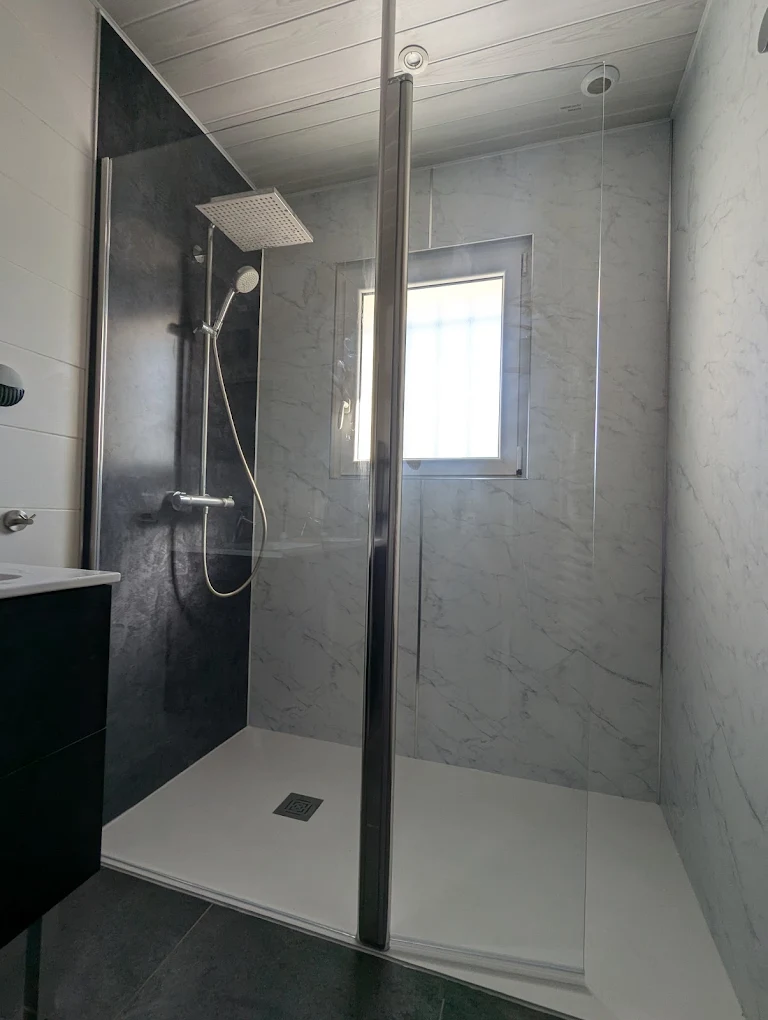 Installation d'une douche à Vertou — panneaux muraux, paroi vitrée avec fixation au plafond et colonne de douche